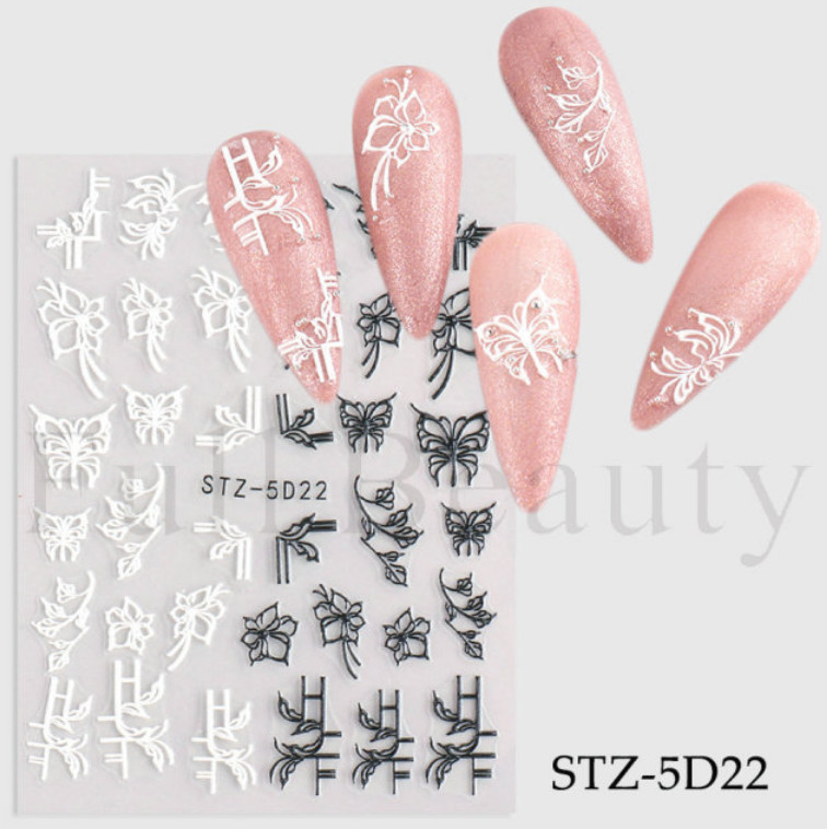 Black White 5D Embossed Rose Flowers Heart Leaf Nail Stickers Sliders Manicure