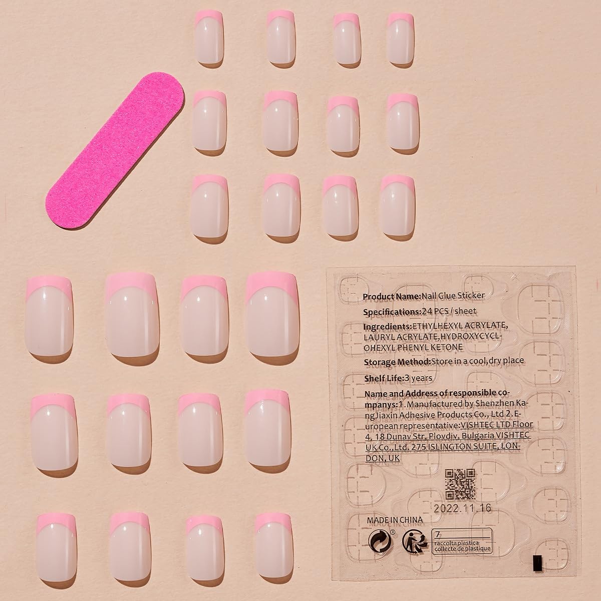 24 Pcs French Tip Press on Nails Medium Square Fake Nails with Glue Pink Acry…