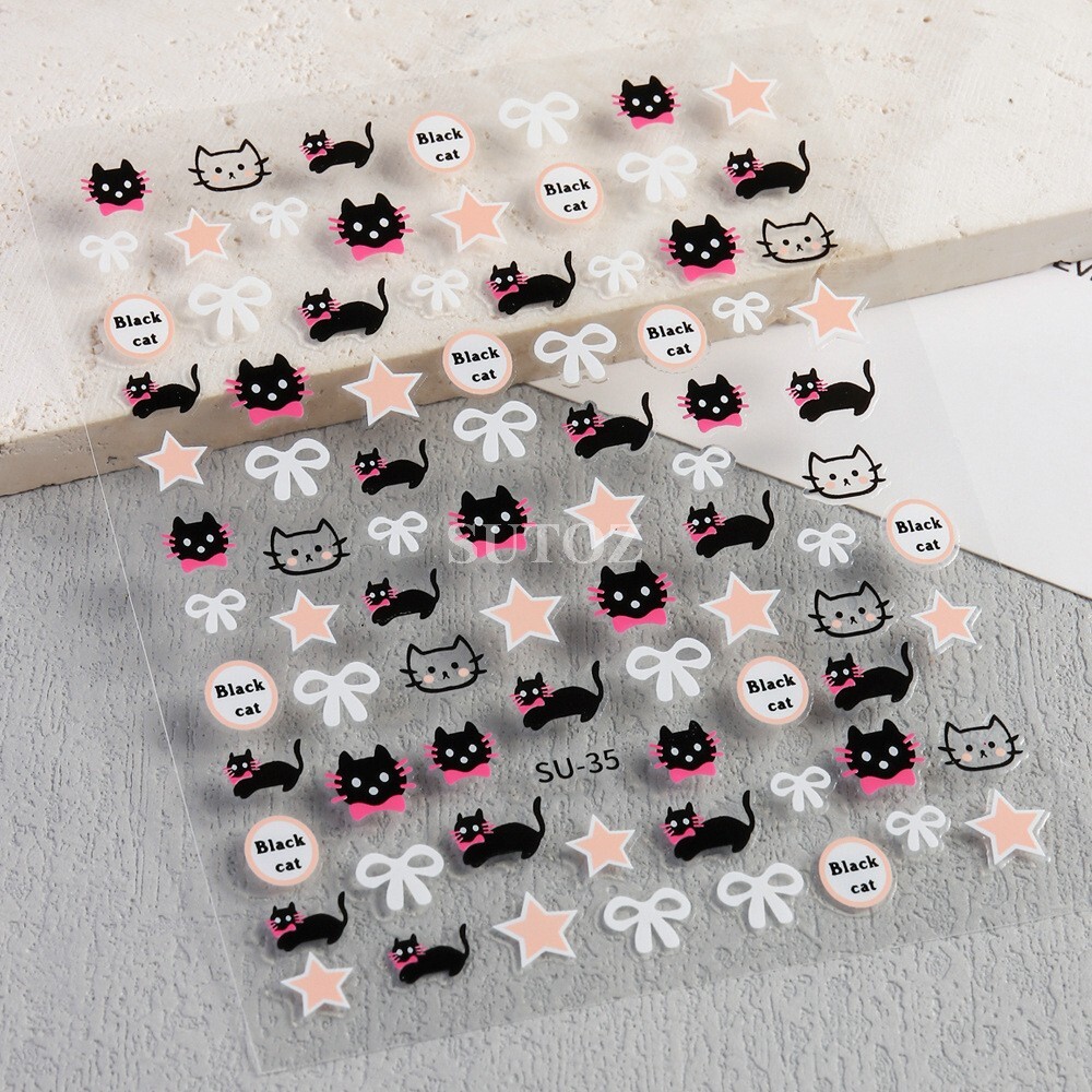 3D Cartoon ANIMAL Black Cat KITTEN Bow-knot Star NAIL ART STICKERS Su35 NH28