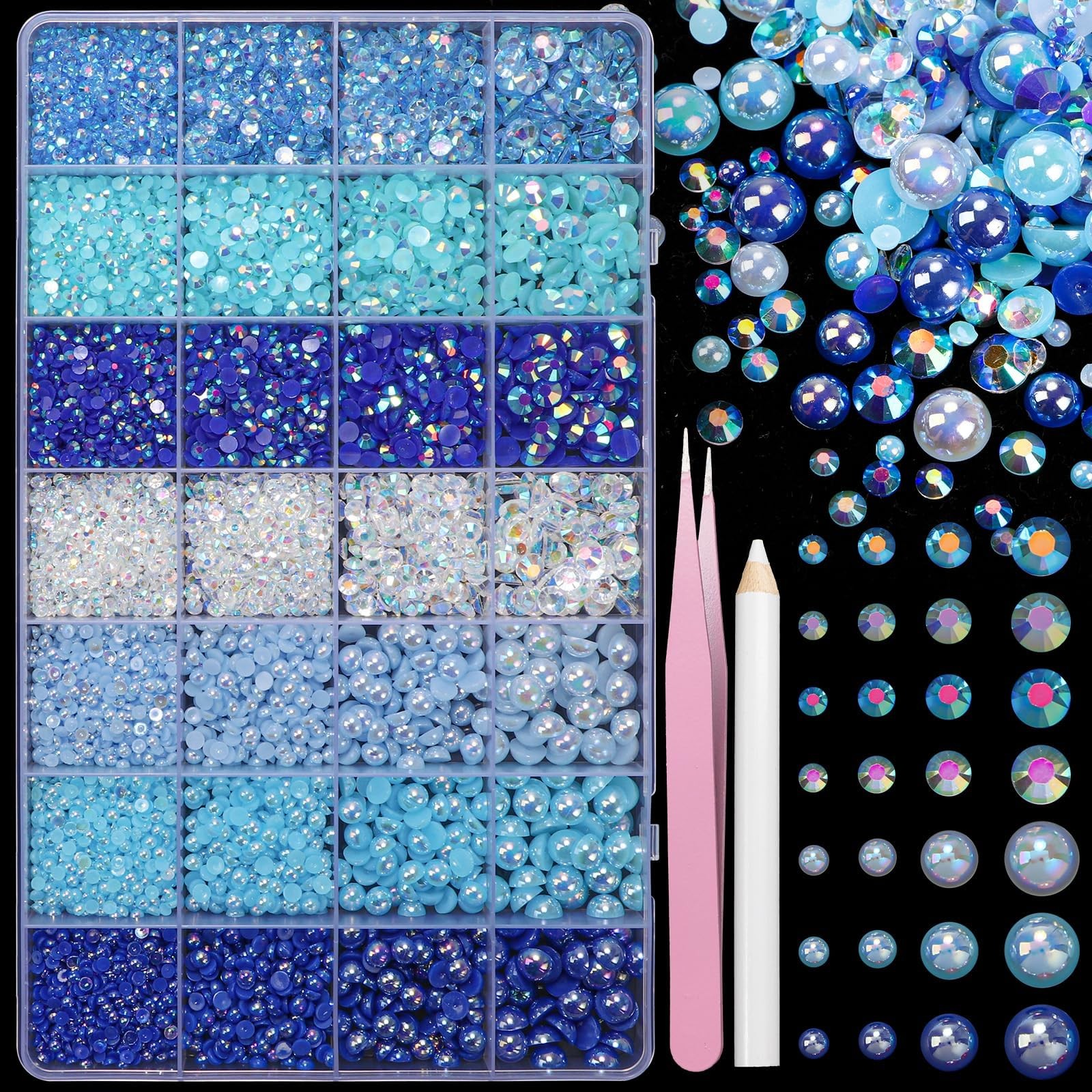 22000 Pcs Blue Flatback Pearls and Rhinestones Bedazzling Kit, Resin Rhinesto…