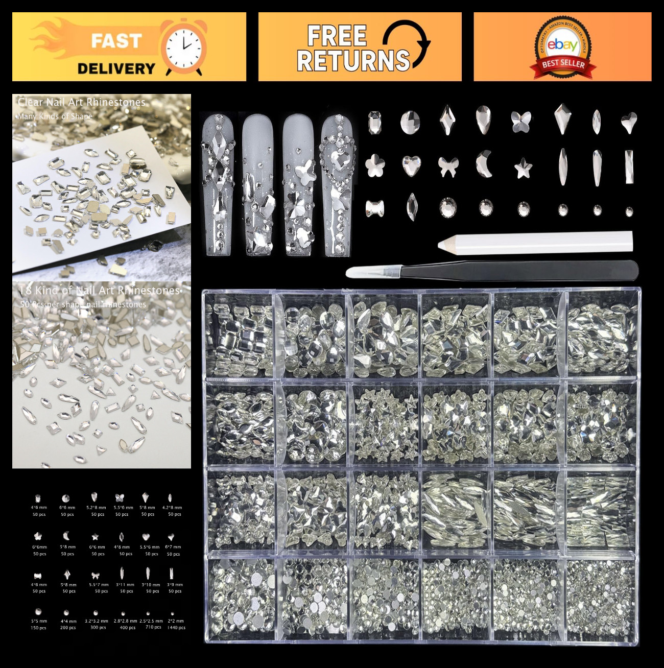 900 Special-Shaped Clear Nail Diamonds & 3200 Flat-Bottom Rhinestones Set with T