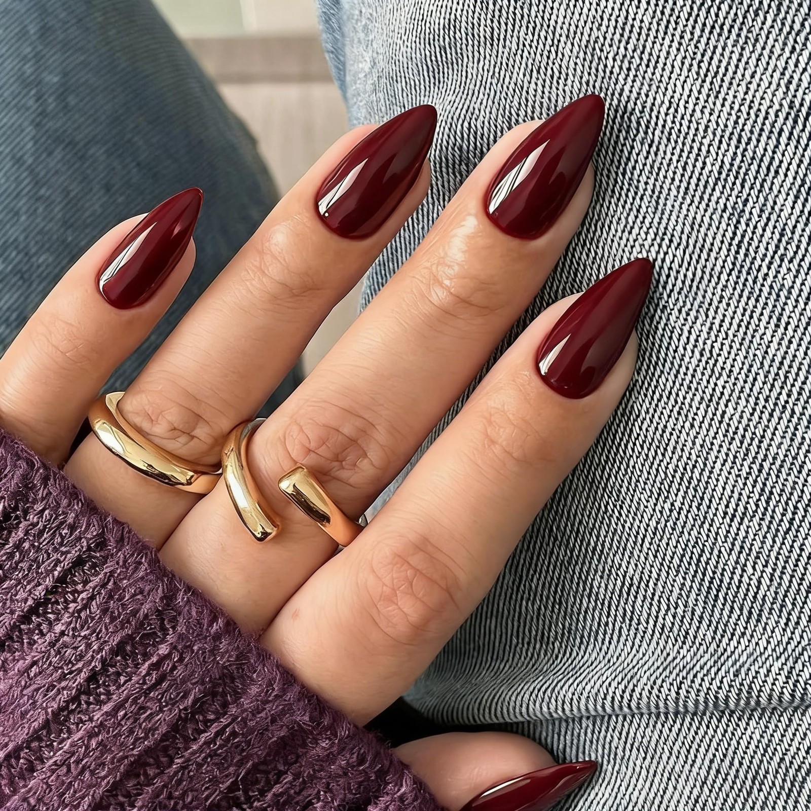 SXVME Press on Nails Dark Red Almond