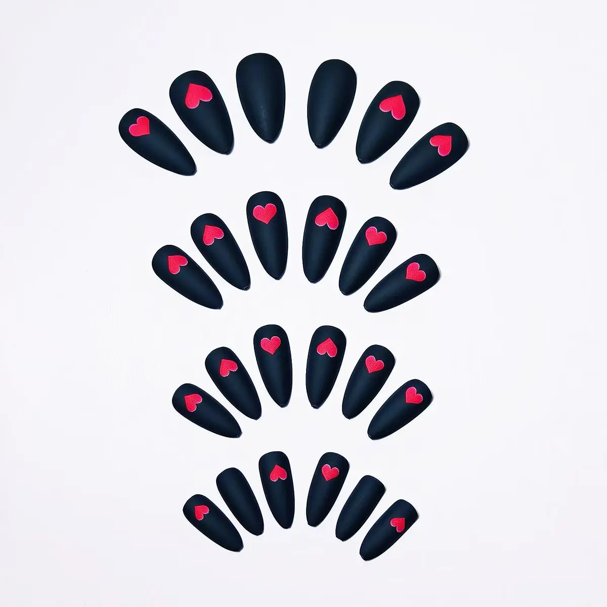 24pcs Black Almond Red Heart Rose Press On Nails