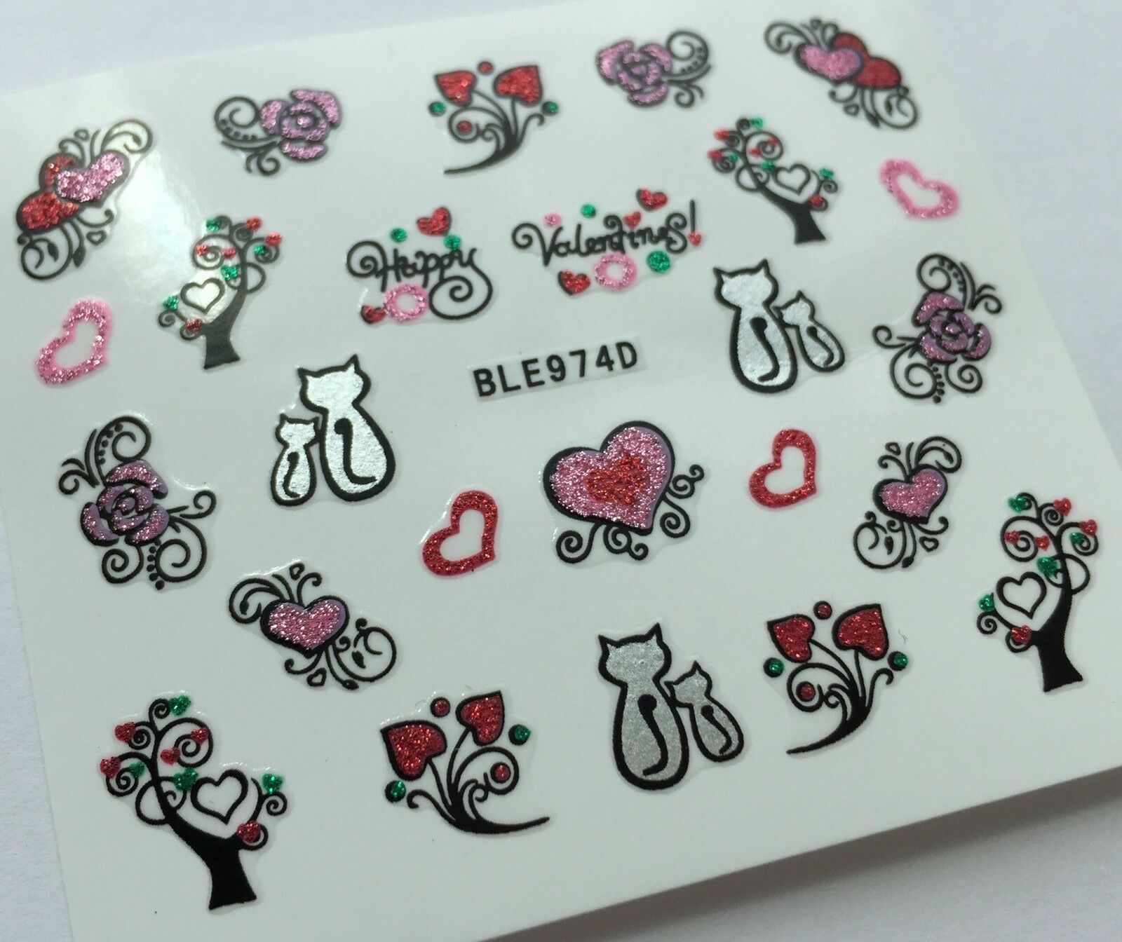 Nail Art 3D Glitter Decal Stickers Roses Cats Hearts Valentine’s Day BLE974D