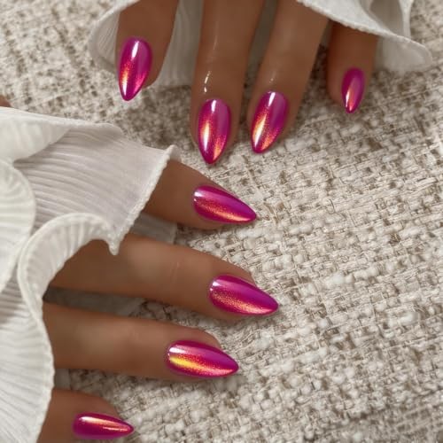 Chrome Hot Pink Press on Nails Short Almond, Glitter Cat Eye almond hot pink