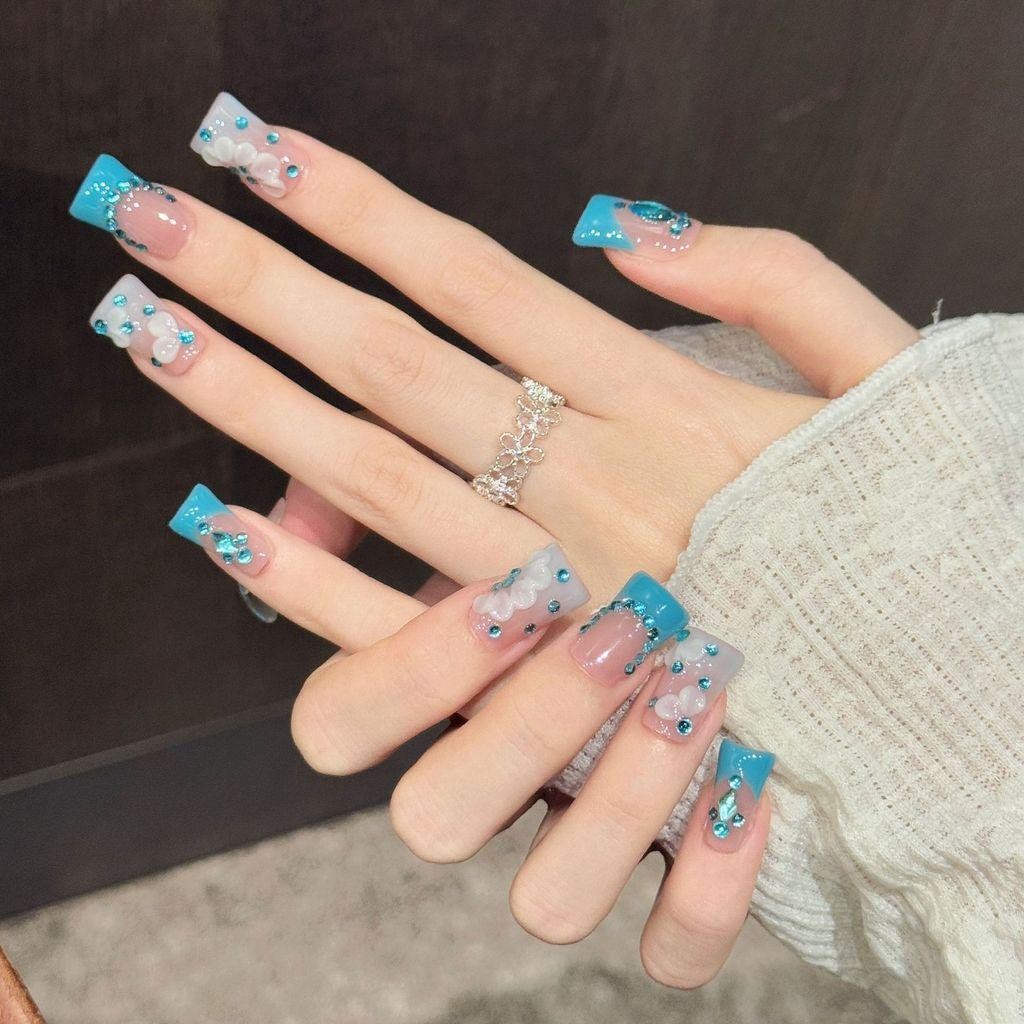 Handmade Press On Nail Lake Blue Diamond 3D White Flowers Duckbilled False Nail