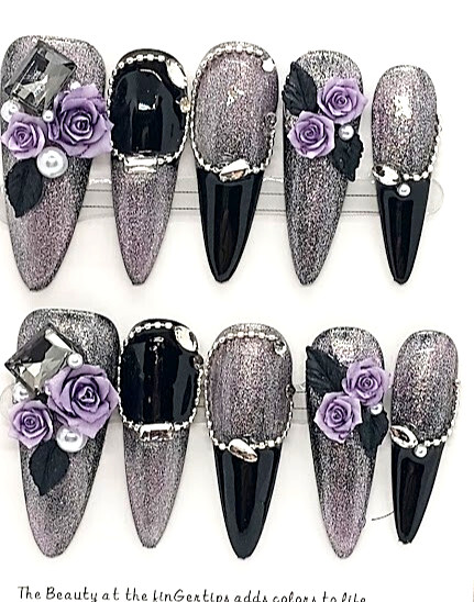 10 pc. SIZE M Handcrafted almond 3D GREY PURPLE BLACK Art Press on nails
