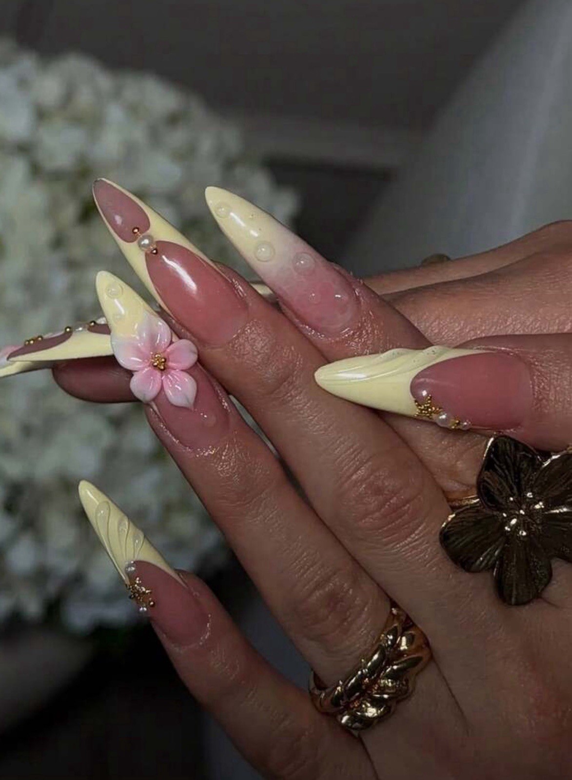 ENEN Medium Almond 3D Floral Press-On Nails Pre-Designed Pink Ivory