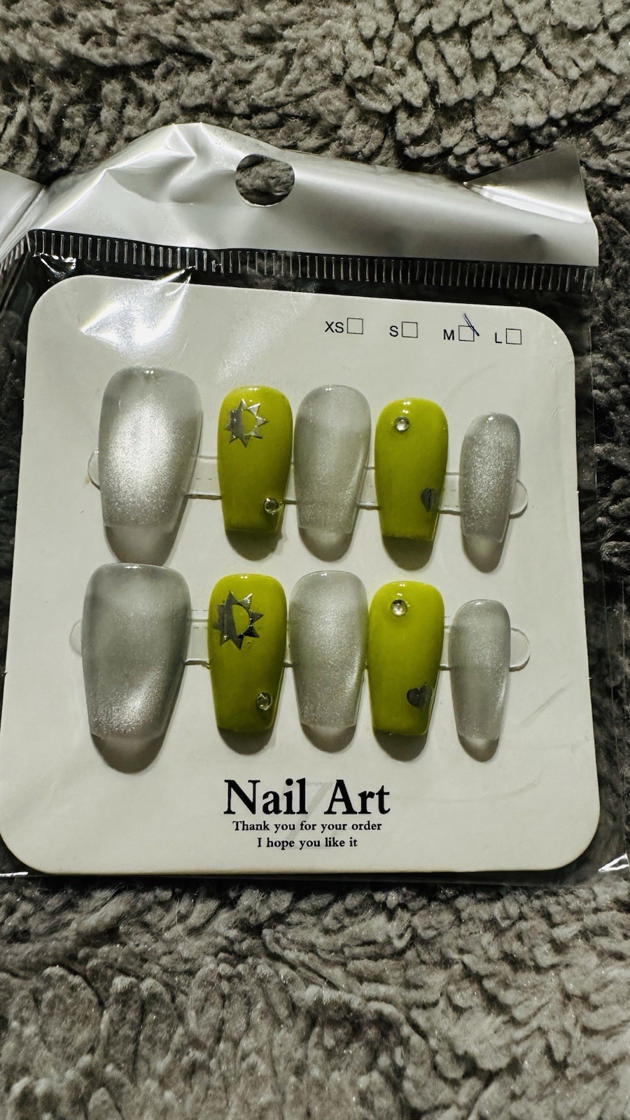 Medium Almond Press-On Nails Set, Glitter, Gold Black Green Silver Mint, Pre-De…