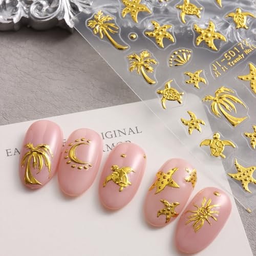 Summer Nail Art Stickers – Decals Palm Tree Starfish 5D Embossed Nail Style1