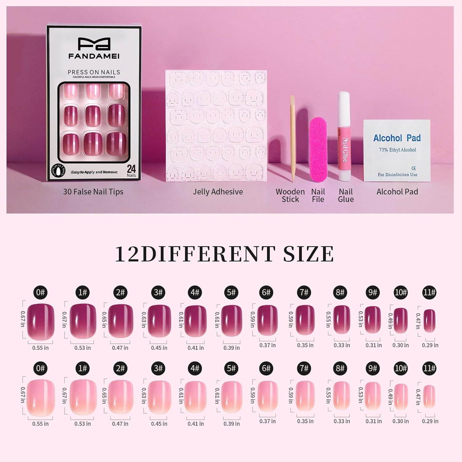 Press on Nails – 24PCS Short Round, 12PCS Purple & 12PCS Pink Glossy. Natural Fi