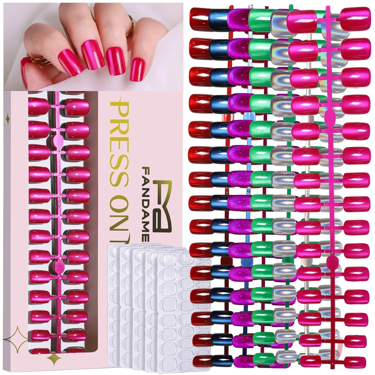 180PCS Cat Eye Press On Nails, Short Square Full Cover Fake Nails with Adhesive