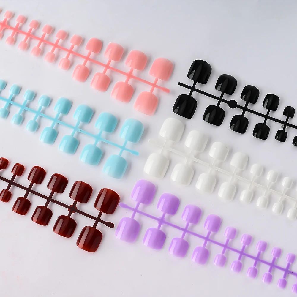 144Pcs Short Square False Toe Nails Lake Blue/White/Red/Nude Press on Toenails G