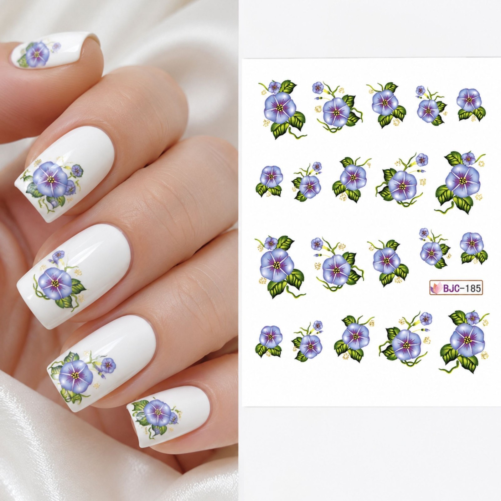 Blue Flower Nail Decals Water Transfer Sticker Botanical Floral Manicure DIY Art
