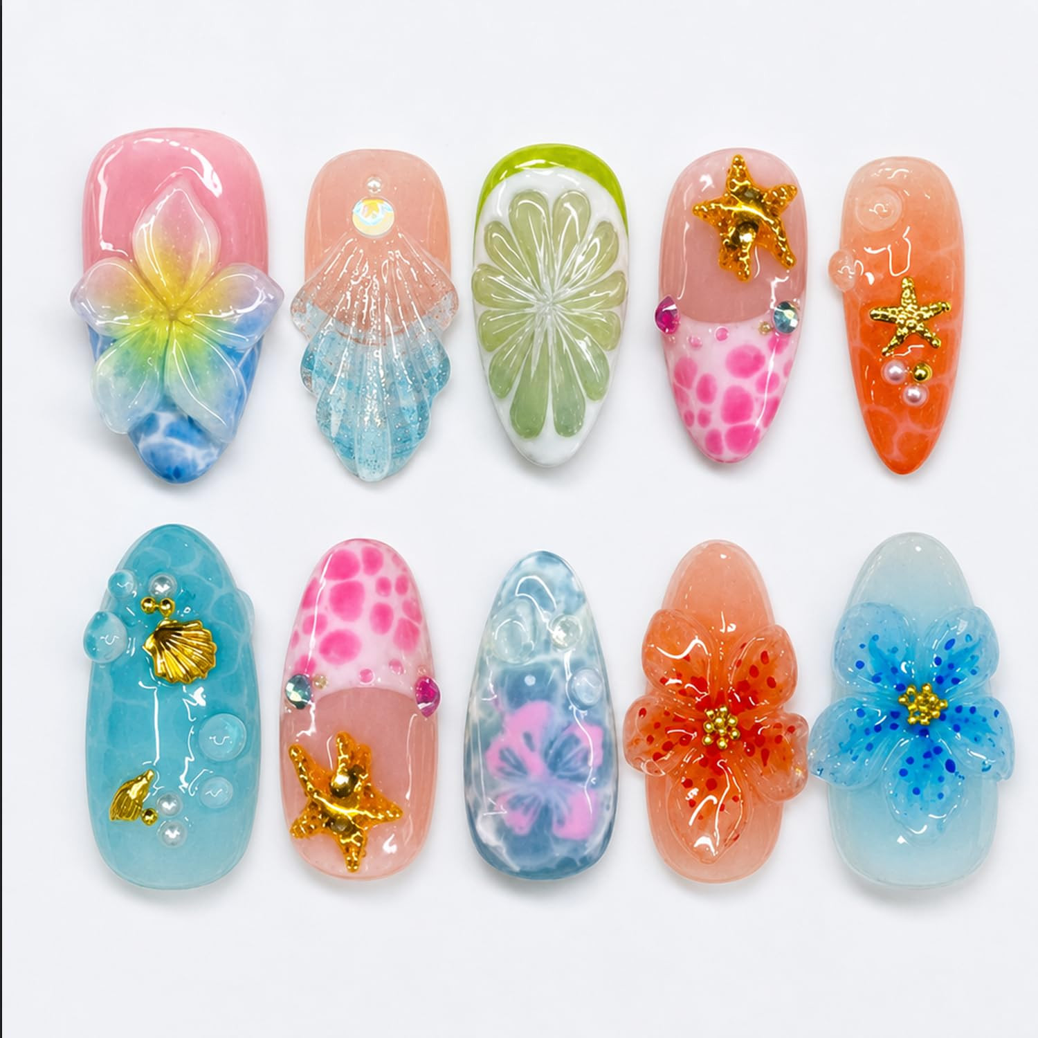 30Pcs Summer Press on Nails Medium Almond Cute Flower Fake Nails Pearl Rhineston