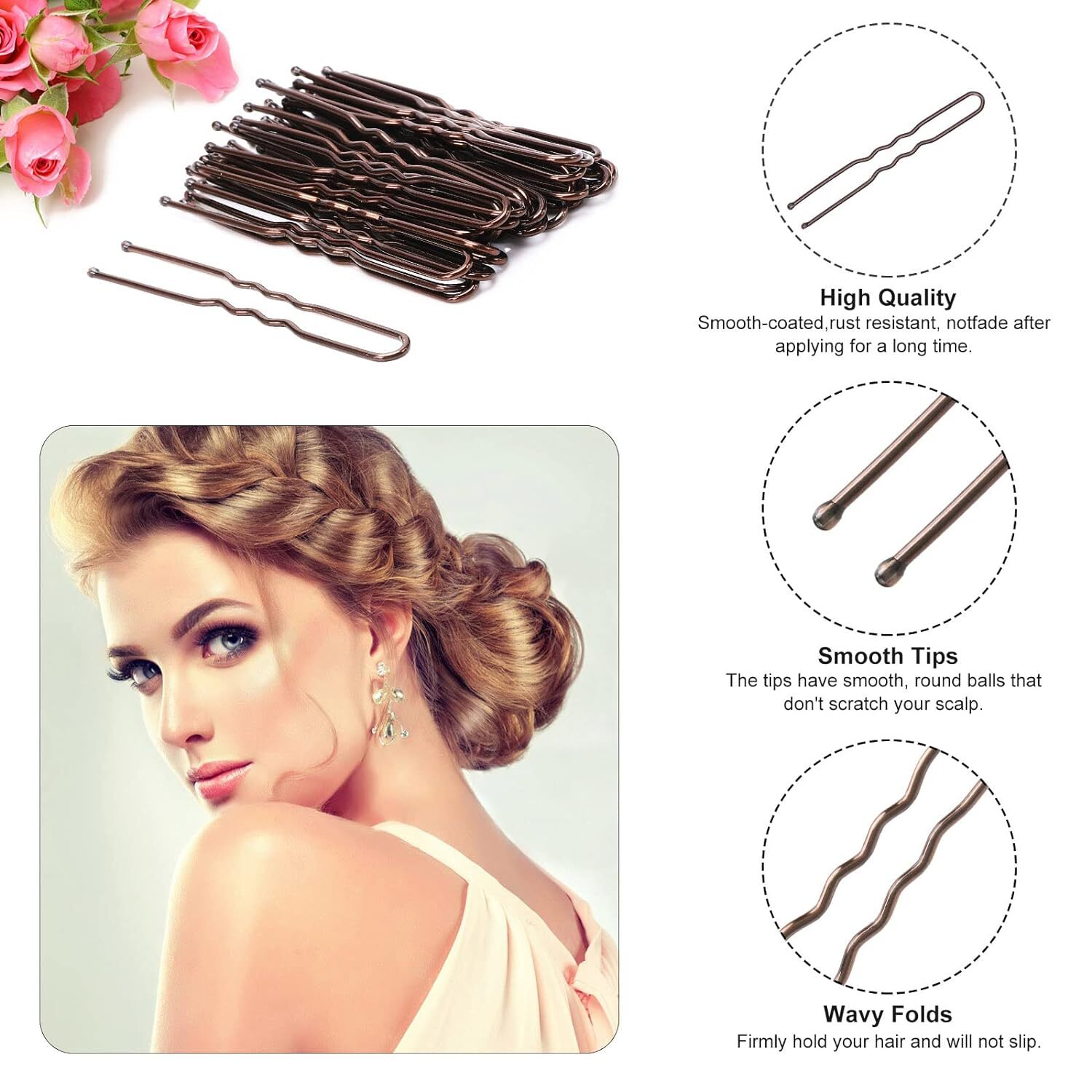 U Shaped Hair Pins, 200 Count Buns Waved Pins for Updos with Box Brown