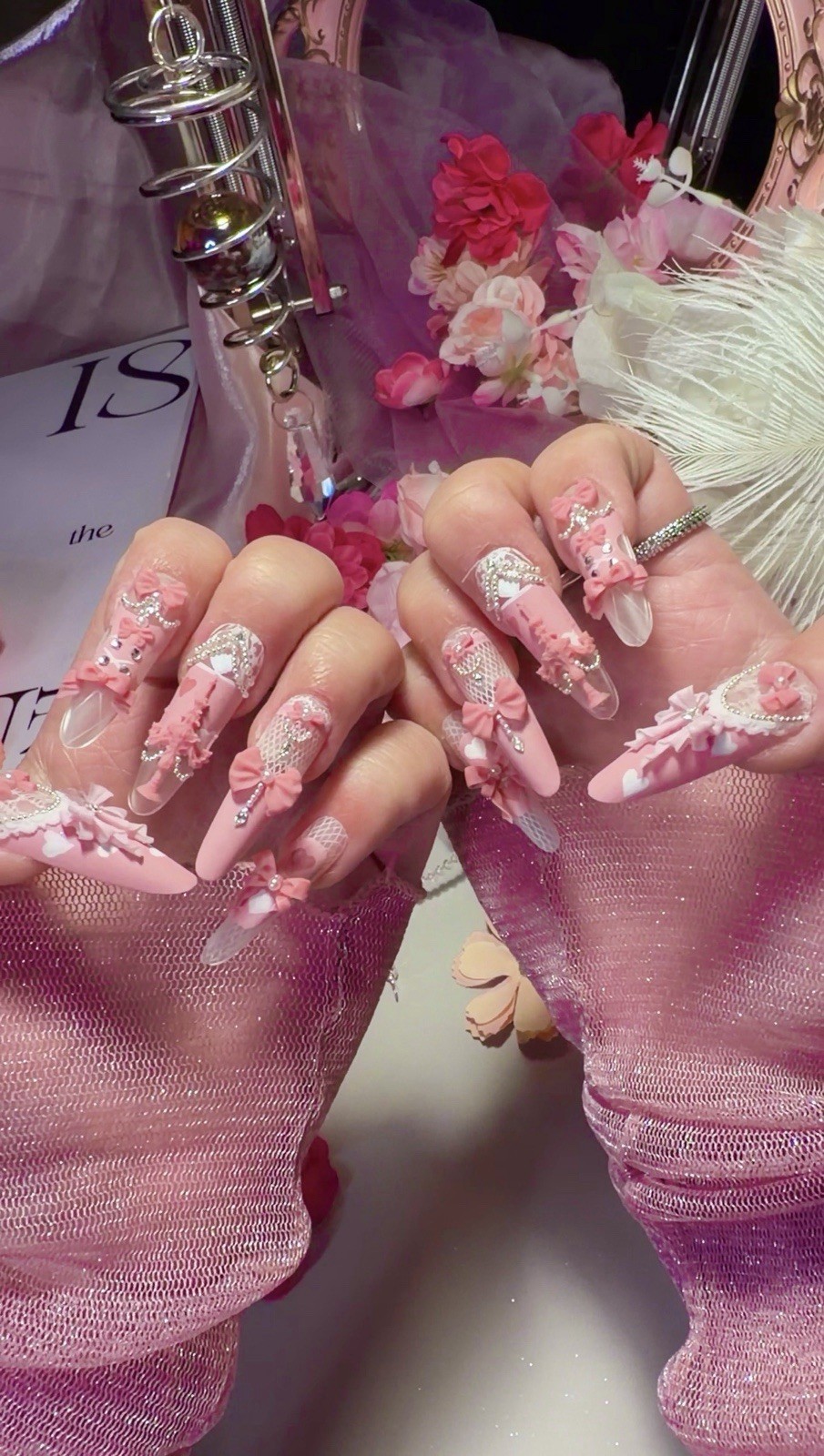Pink Princess Bow Lace Flower Matte Finish Press On Nails Long Y05 With Pearl