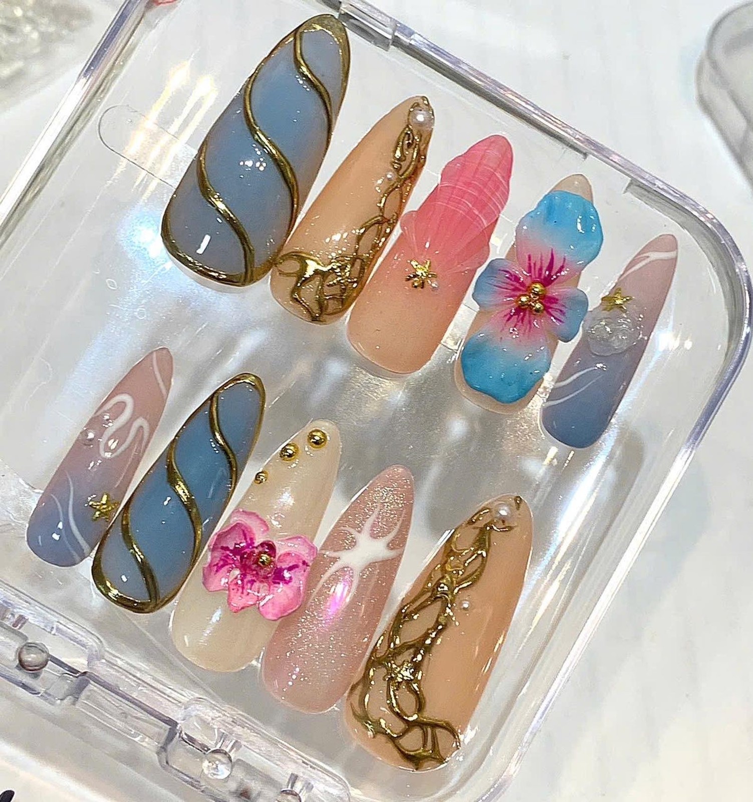 Handmade 3D Orchid Gold Line Starfish Medium Almond Press on Nails Art Set