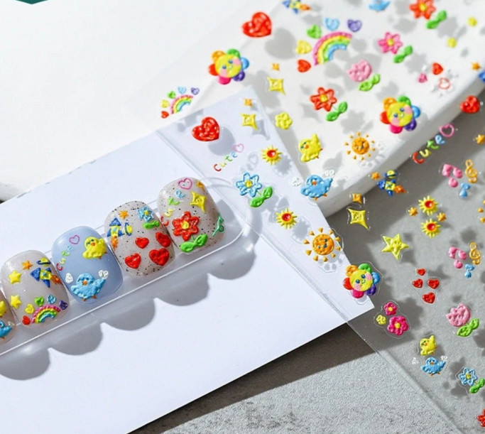 Colorful Nail Stickers – Bright Flowers, Hearts, & Rainbows Nail Decals (51)