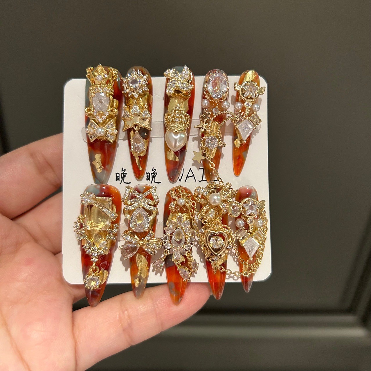 Amber Handmade Press On Nails Full Zircon Design