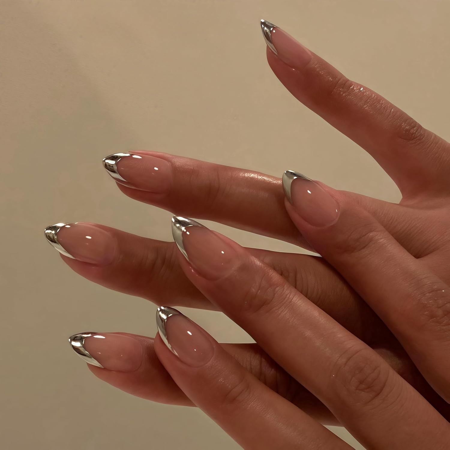 Glazed Donut Silver Gray French Tip Press on Nails Almond, Brown French Chrome N