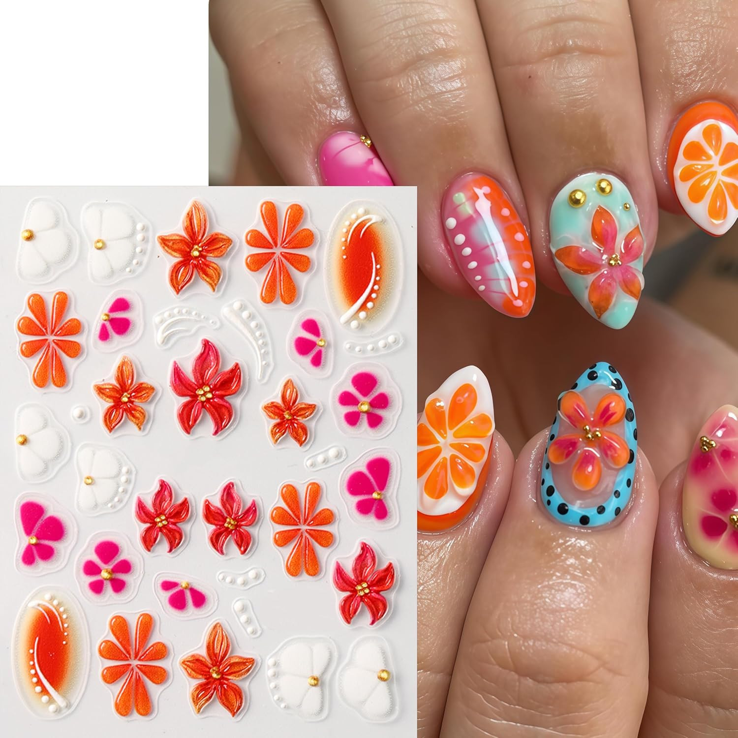 3 Sheets 5D Embossed Lily Flower Stickers for Nails Colorful Hibiscus Nail Stick