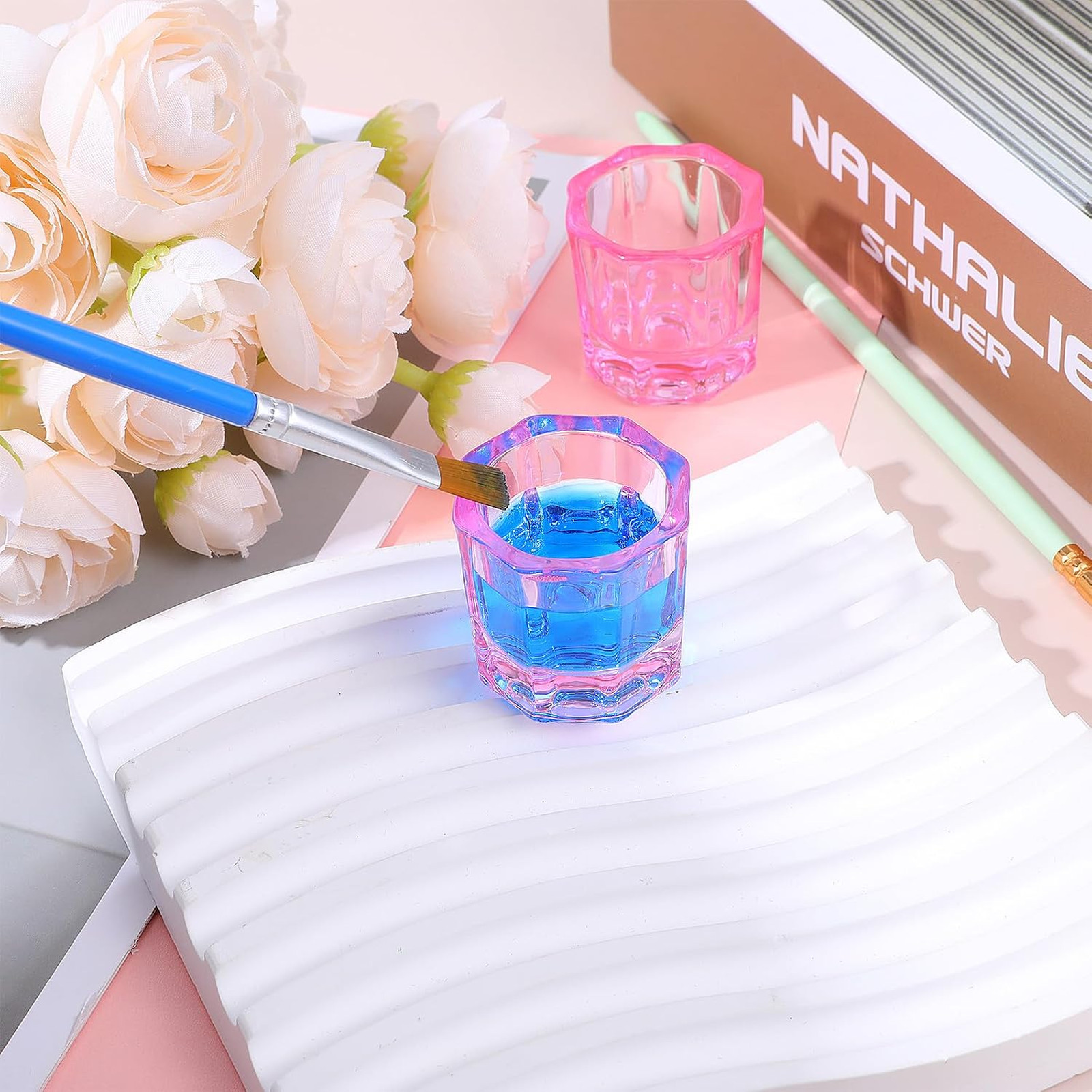 Pink Glass Nail Dappen Dish 2 Pack Acrylic Liquid Holder for Art Manicure and