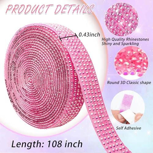 Self Adhesive Rhinestone Ribbon Crystal Strips, 3 Yards Width-0.43 inch Pink AB