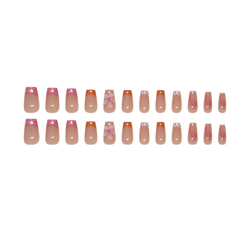 72Pcs-Short Almond Orange Pink 3D Flower Polka Dot Glossy Press on Nails Set