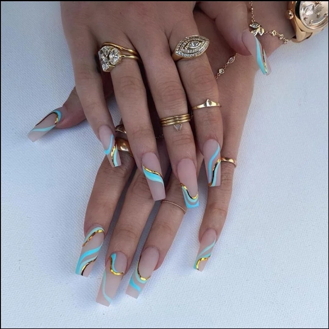 24 Long Nude Turquoise swirl gold Press on nails set matte coffin blue green