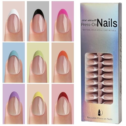 216 Pcs French Tip Press on Nails Meidum Medium Almond 9 Color French Tips