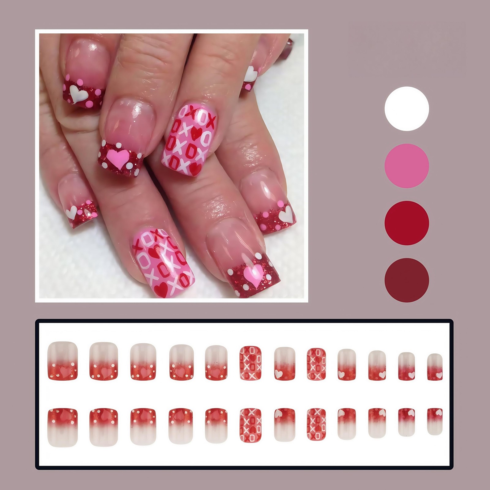 Square Press on Nails Short Red Glitter French Tip Fake Nails Pink Heart Acry…