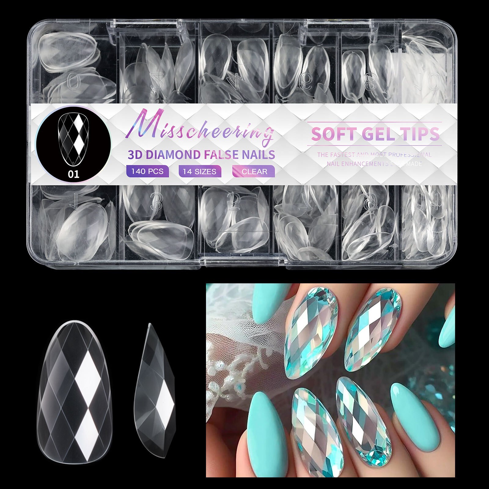 1 Box Ballerina Almond Square False Nail Art Tips Diamond Shape Press on nails