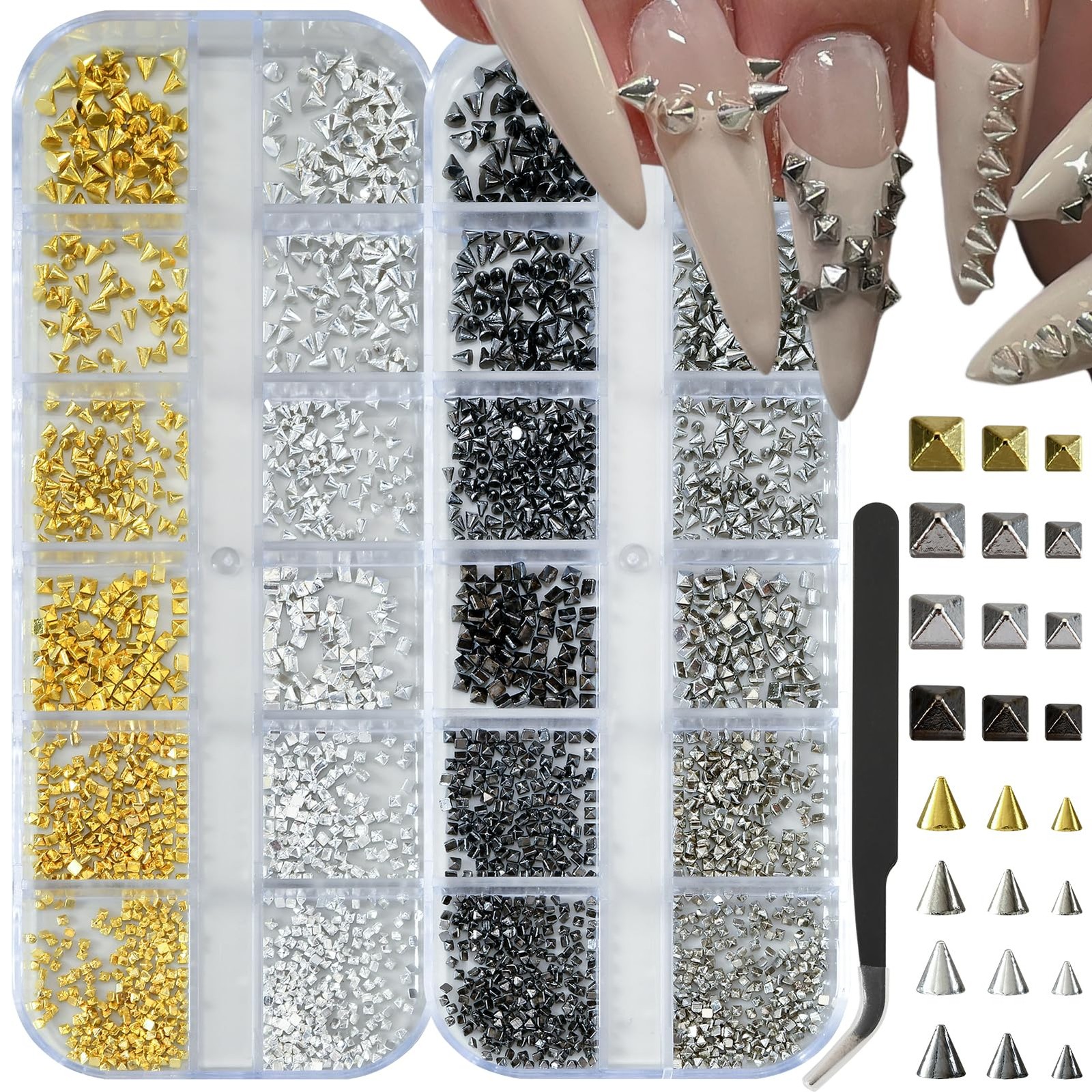 2 Box Goth Nail Charms Punk Metal Nails Studs Square Cone Spike Gold White Go…