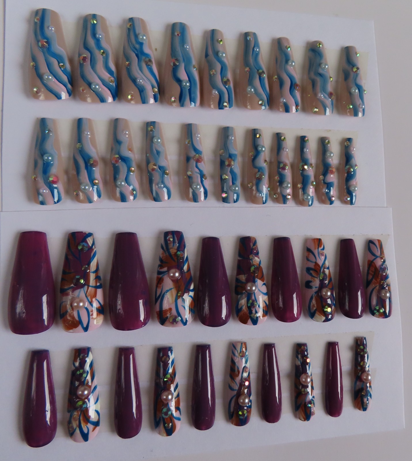 (2) Sets Purple Blue Pearl Abstract | Blue Pink Pearl Wave Coffin Press-On Nails