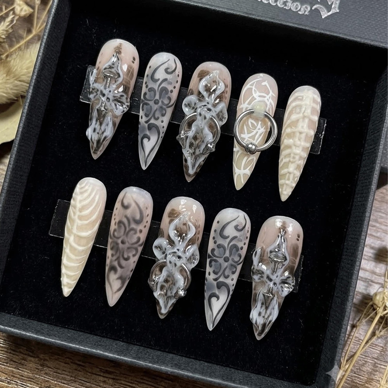 Custom Handmade Gothic 3D Cross Metal Ring Floral Smoke Stiletto Press on Nails