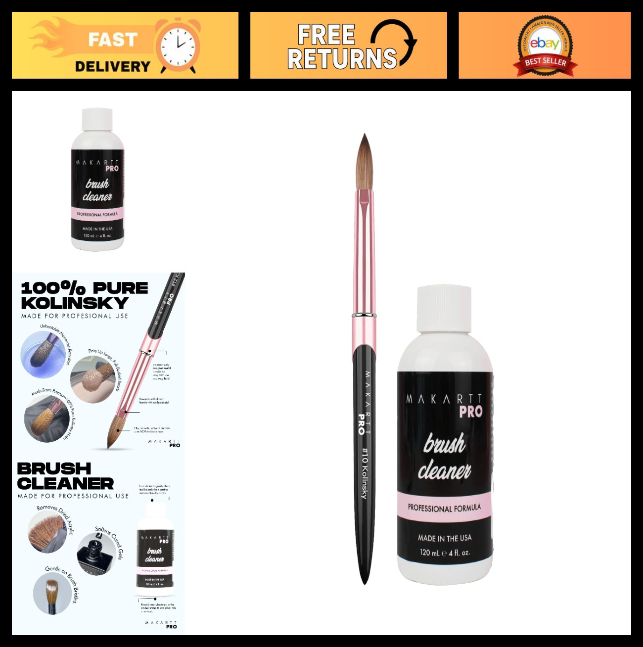 Professional Acrylic Nail Brush Size #10 & Acetone-Free Cleaner Bundle – Smooth