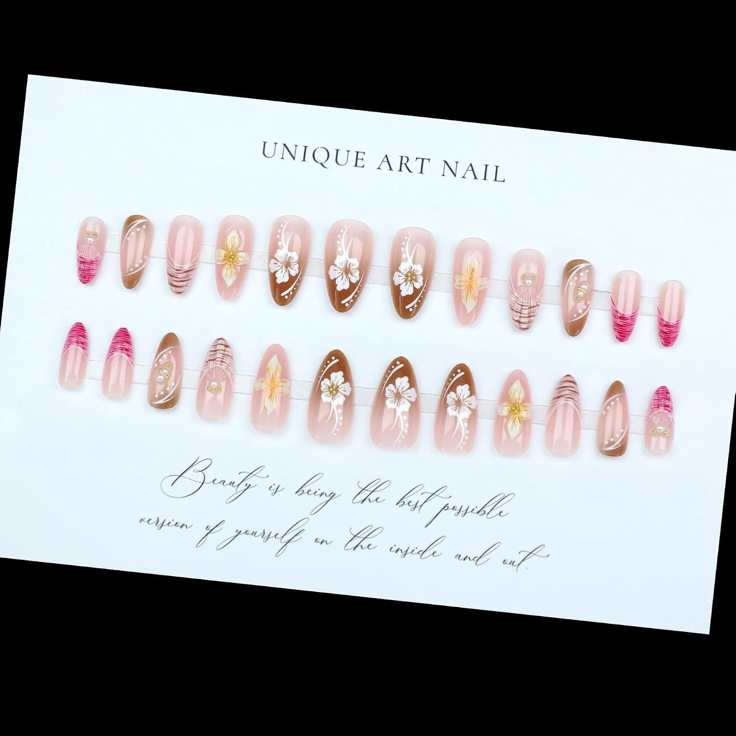 Almond Press on Nails – Nude Pink Brown Floral Fake Nails with White Flower & Pi