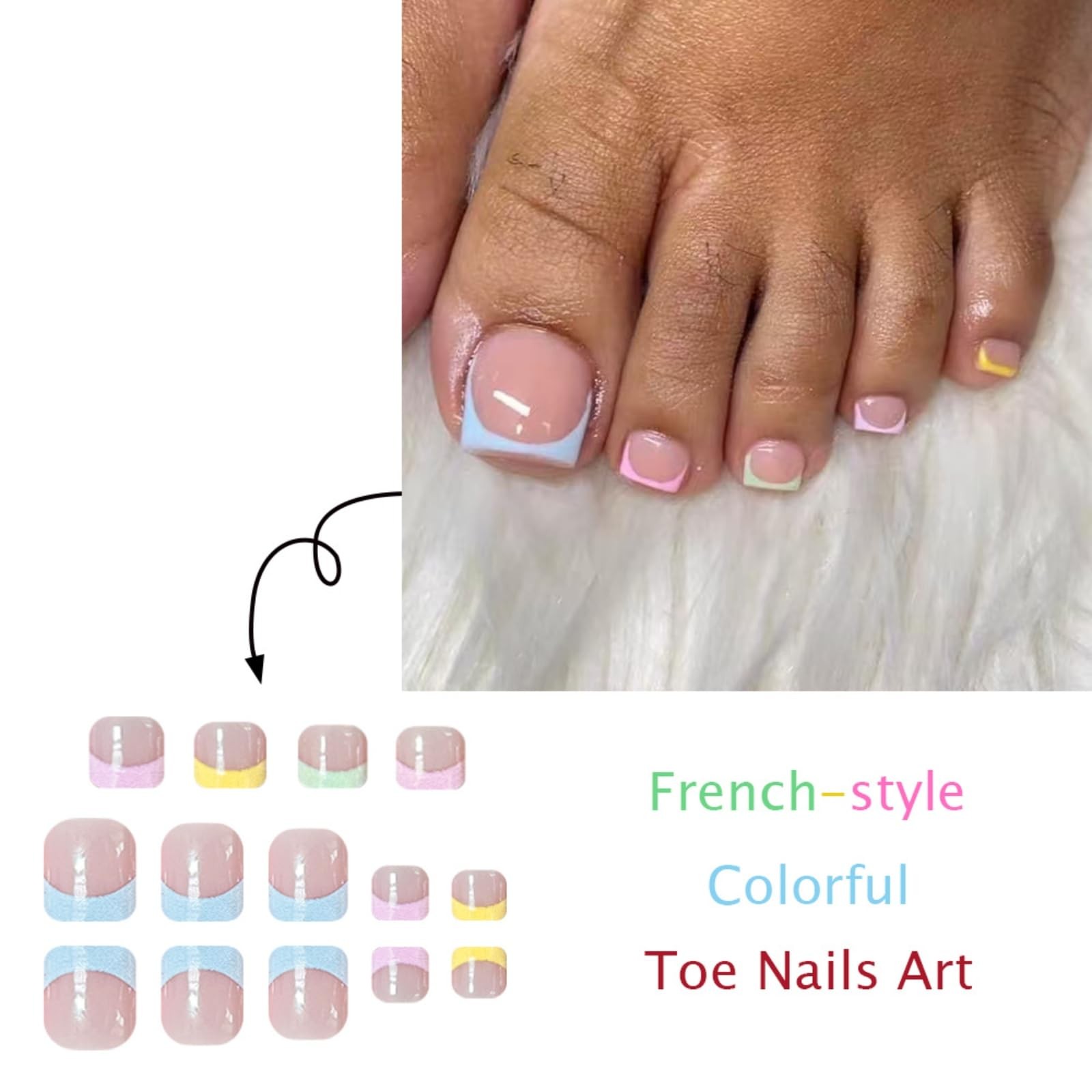 Colorful French Tip Press on Toenails Short Square Fake Toenails Glossy Nude …