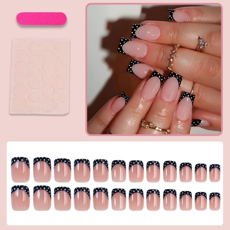 Black French Tip Press on Nails Short Square Fake Nails Polka Dots Style 2