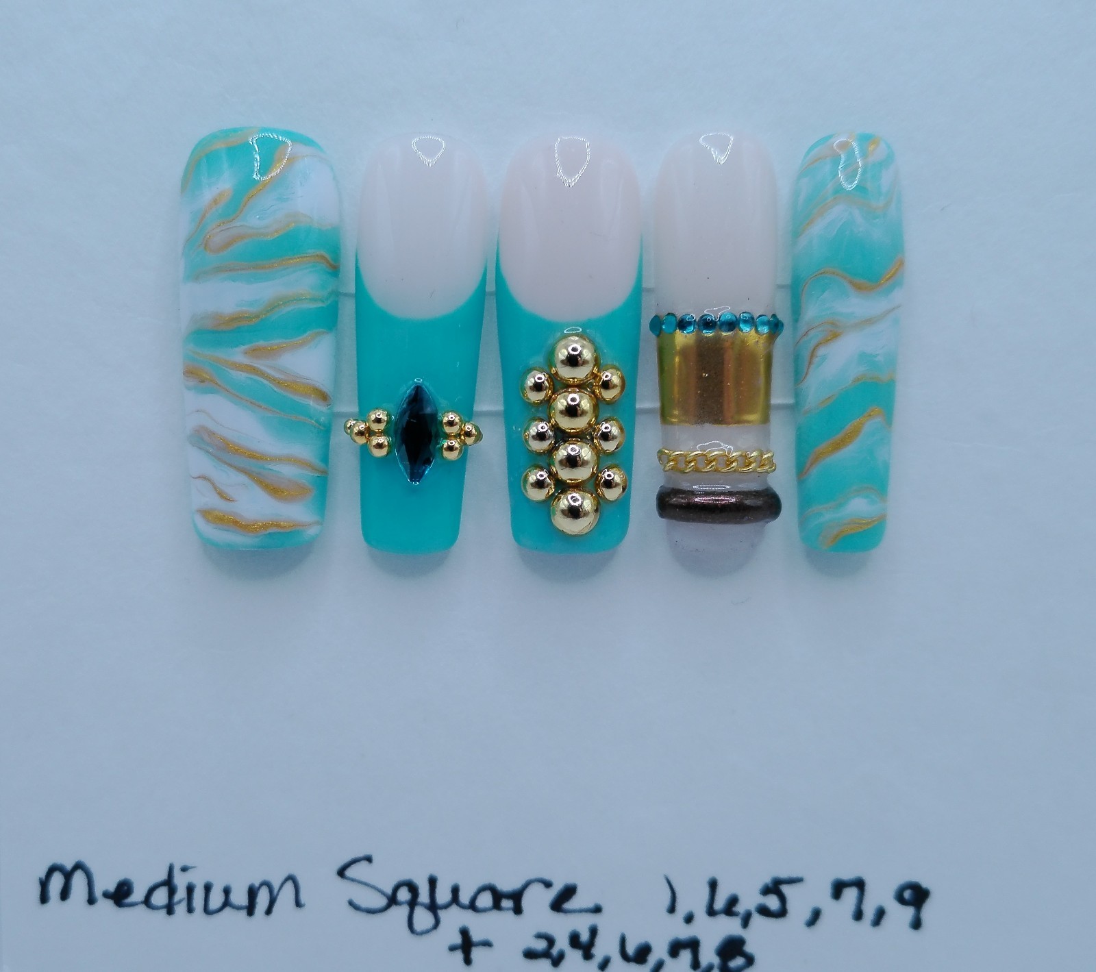 Medium Square Bangle White and Turquoise Square Press-on Nails – Medium Size