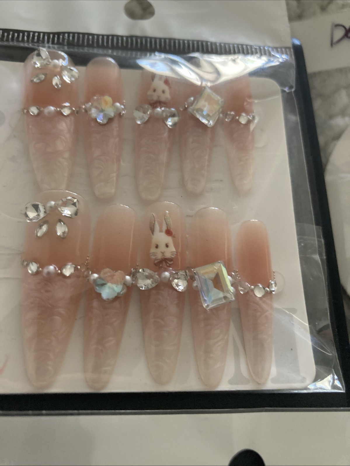Lot of 10 Packs Glue On Nails Size M Rhinestone 3D Bling False Nail Art Long New