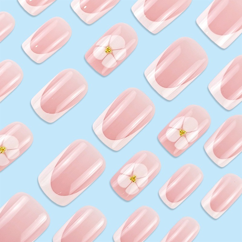 48pcs-Nude Pink French Press on Nails, Medium Square with White Flower Details
