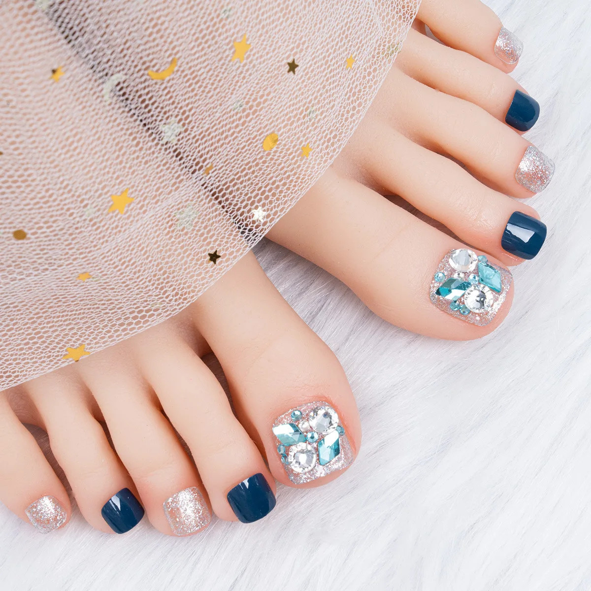 24pcs Glitter Crystal False Toenails Rhinestone Full Cover Fake Toe Nails
