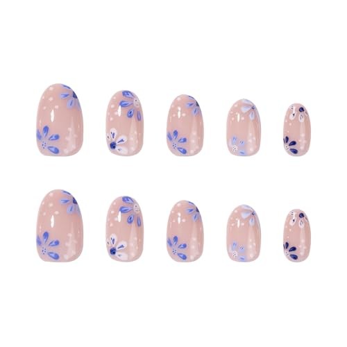 Oval Press on Nails – Blue Flower Fake Acrylic Nails Round – 0173e Blue