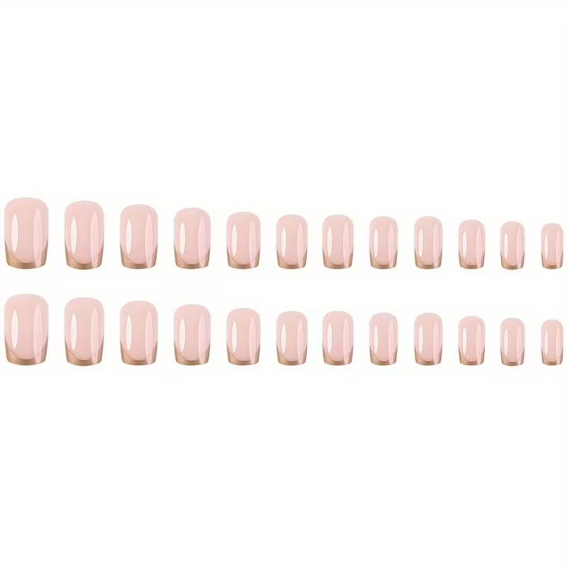 24pcs Short Square Press-On Nails, Golden French Tip Glossy, Parties, Events