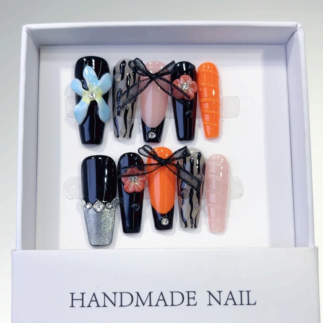 10Pcs Bow Rhinestone 3D Carved Long Coffin Press On Nails Dating Nail Tips