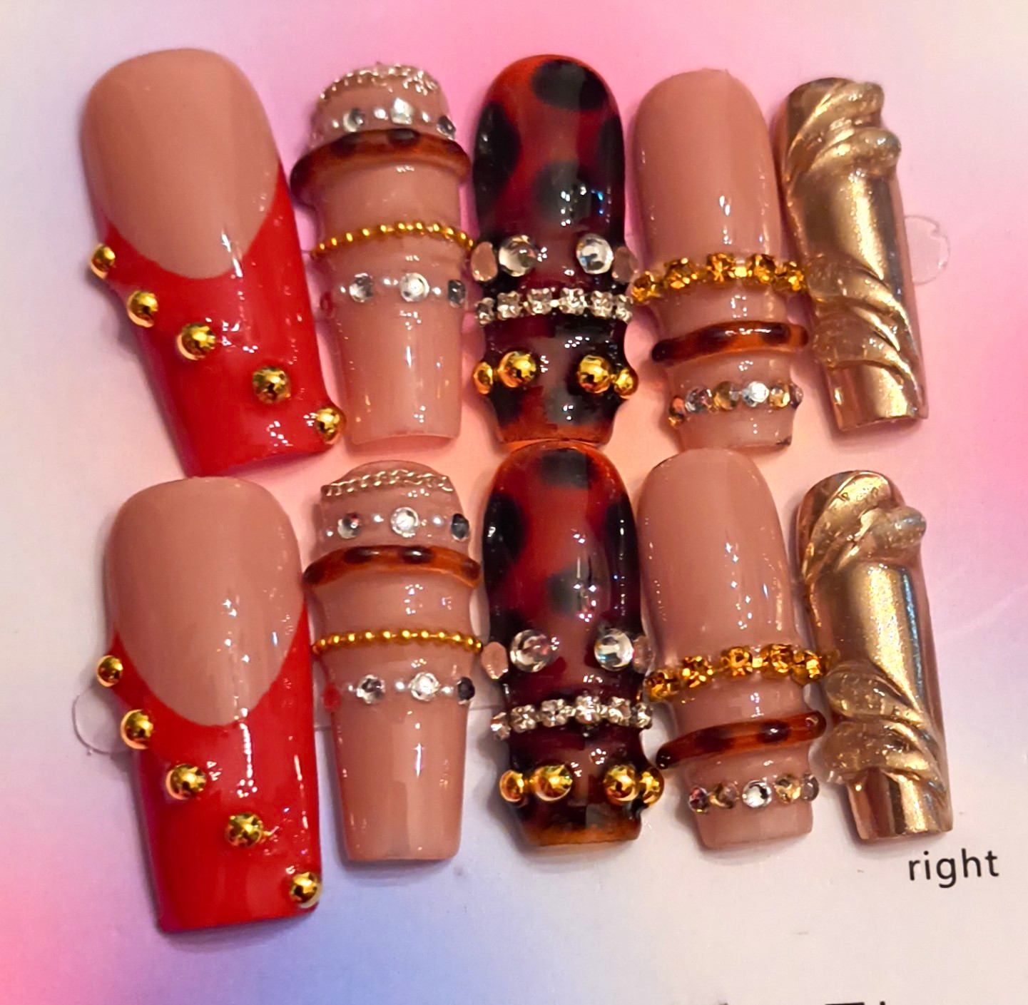 Press-On Nails Medium Coffin Nude Red Gold Brown Black 3D Animal Full Cover