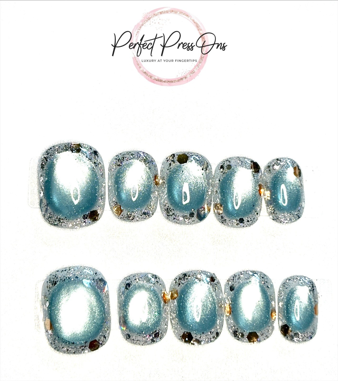 Slate Blue Cat Eye Press On Nails Medium Silver Reflective Glitter Frame 10pc