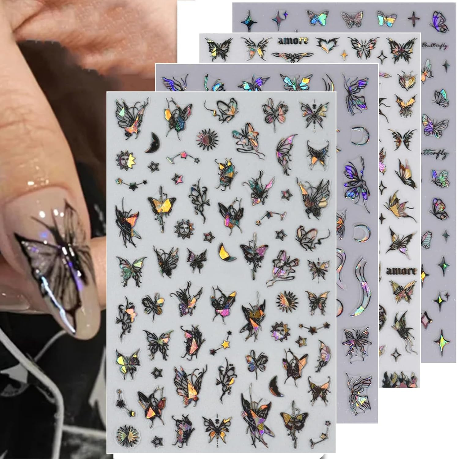 8Pcs 3D Laser Black Butterfly Nail Stickers for Women Holographic Butterfly Nail